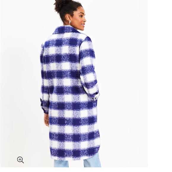 NWT LOFT brushed long shirt jacket plaid blue and white - Picture 3 of 7